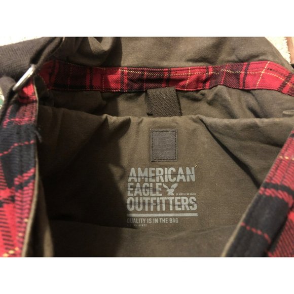 American Eagle Outfitters Red Buffalo Plaid Messenger Laptop Bag Leather Canvas - Picture 6 of 9